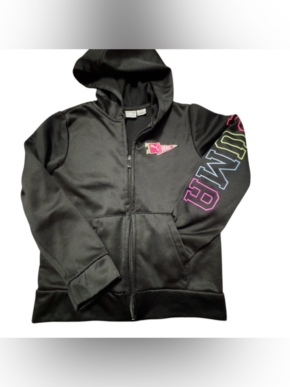 Puma Black Kids Zip Hoodie with Neon Multicolor Logo
